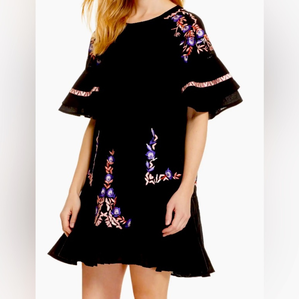 FREE PEOPLE “Pavlo” Embroidered Black Boho Ruffle Sleeve Mini Dress